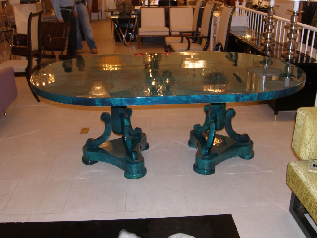 A double pedestal malachite green goatskin dining table attributed to Aldo Tura C. 1950's.