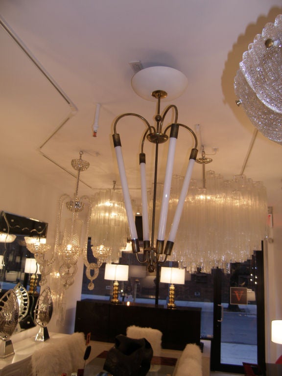 Italian Brass Chandelier with Tubular Bulbs In Excellent Condition For Sale In New York, NY