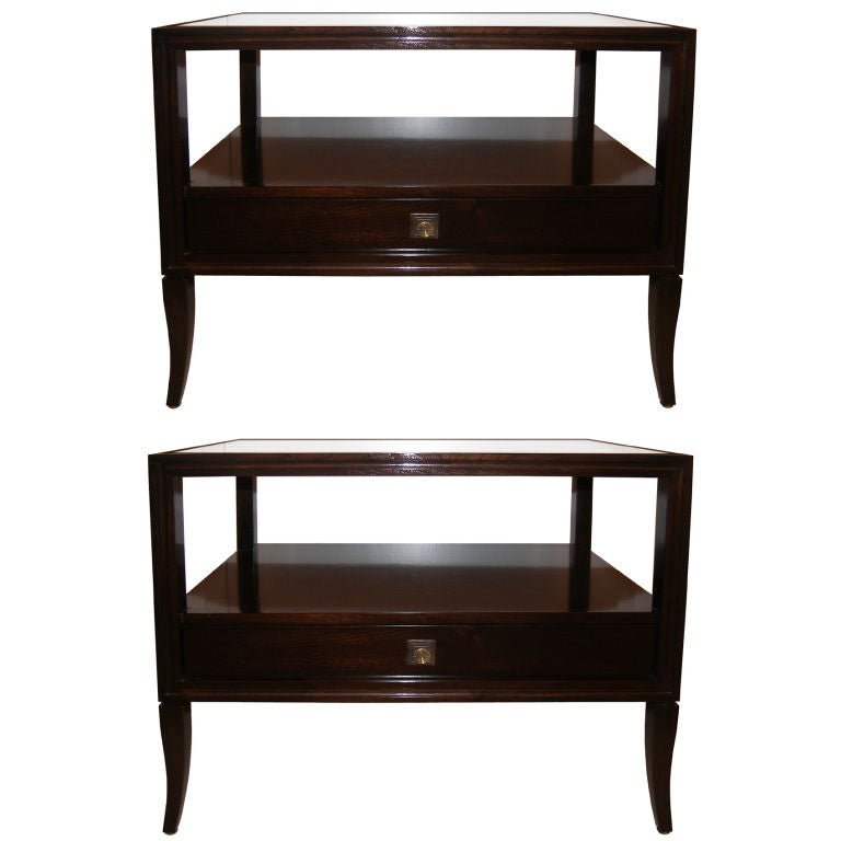 Pair of Tommi Parzinger Mahogany and White Glass Side Tables For Sale