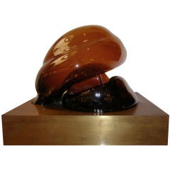 Signed Dana Vachtova Large Glass Sculpture on Brass Base C. 1976