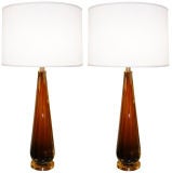 Pair of Seguso Deep Amber Glass Lamps