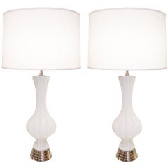 Pair of Barovier Fluted White Glass Lamps