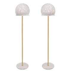 Pair of Floor Lamps in Brass and Lucite with Mottled Glass Shade
