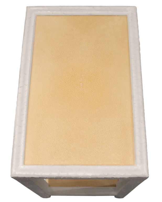 Telephone Table covered in white python with top and shelf covered in ivory shagreen by Karl Springer, American 1970's