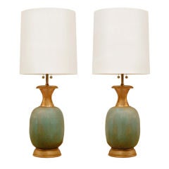 Pair of Large Green Ceramic Table Lamps by Marbro Lighting