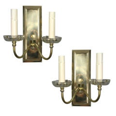 Pair Polished Brass Crystal Double Arm Sconces