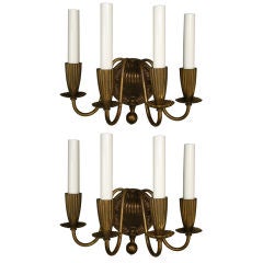 Pair Italian Four Arm Fluted Brass Sconces