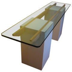 wood and glass console with storage unit base