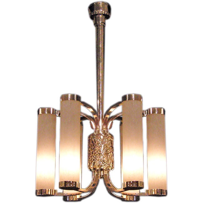 Fine French Art Deco Chrome and Glass Chandelier by Petitot For Sale
