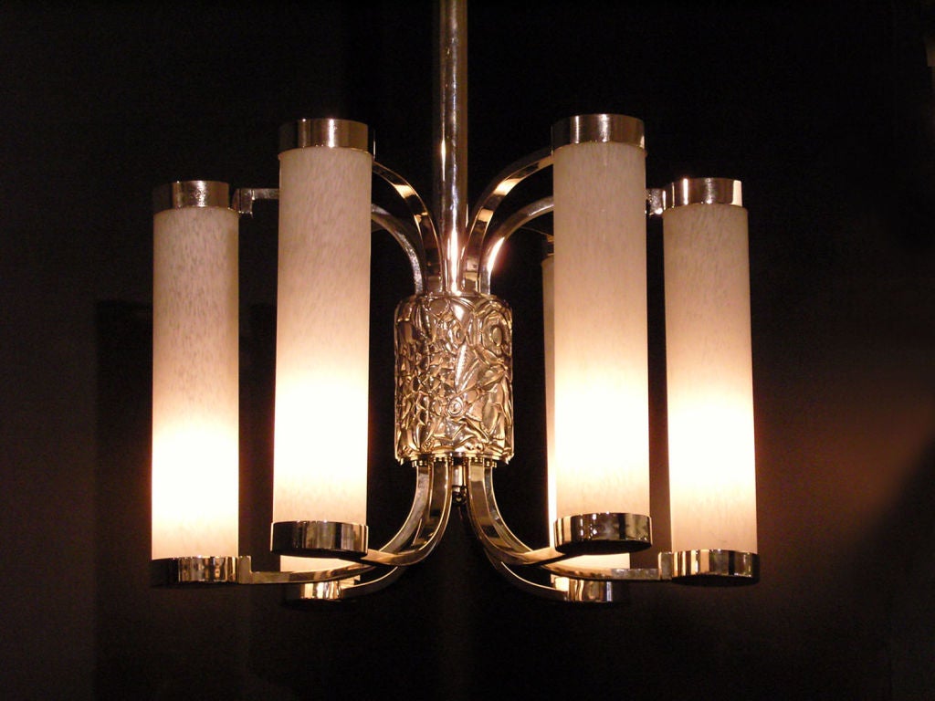 Fine French Art Deco Chrome and Glass Chandelier by Petitot In Good Condition For Sale In Long Island City, NY