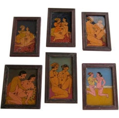 Set of Six Reverse Painted Glass Erotic Drawings