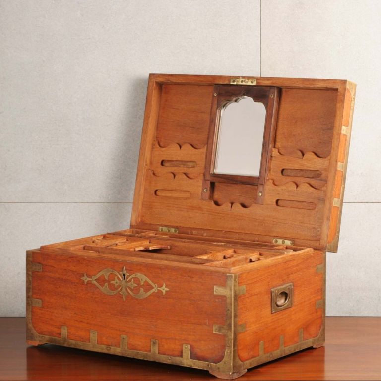 Anglo-Indian Teak Cash Box with Brass Inlay