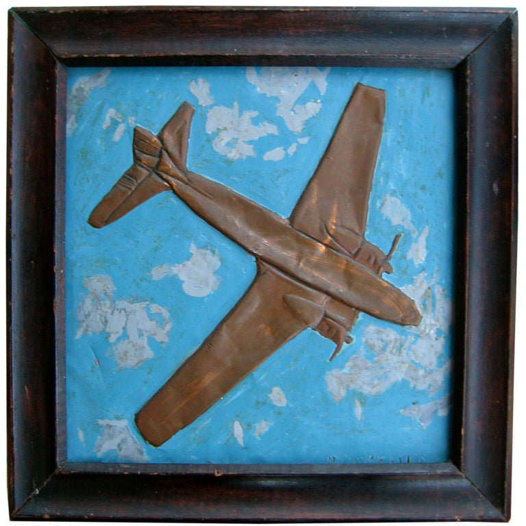 Folk Art Copper Plane With Frame