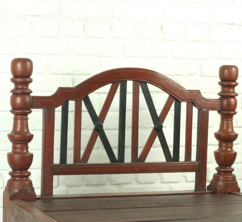 Made of solid jackfruit with ebony slats. Headboard has top curved rail and footboard has straight top rail. Posts are turned of solid wood. Bed comes with wood slats and brass hardware. Frame fits a long single mattress, makes a great daybed.