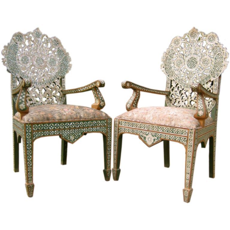 Regal Pair of Shell Inlaid Armchairs