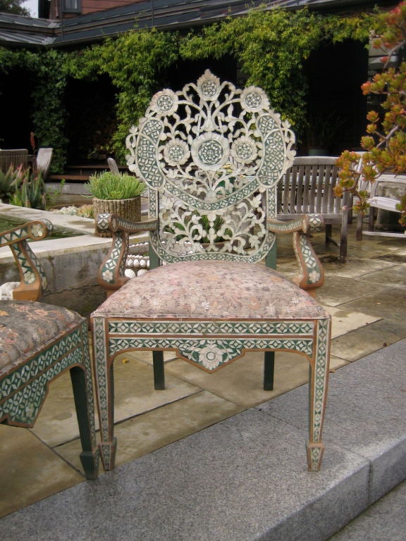 Indian Regal Pair of Shell Inlaid Armchairs