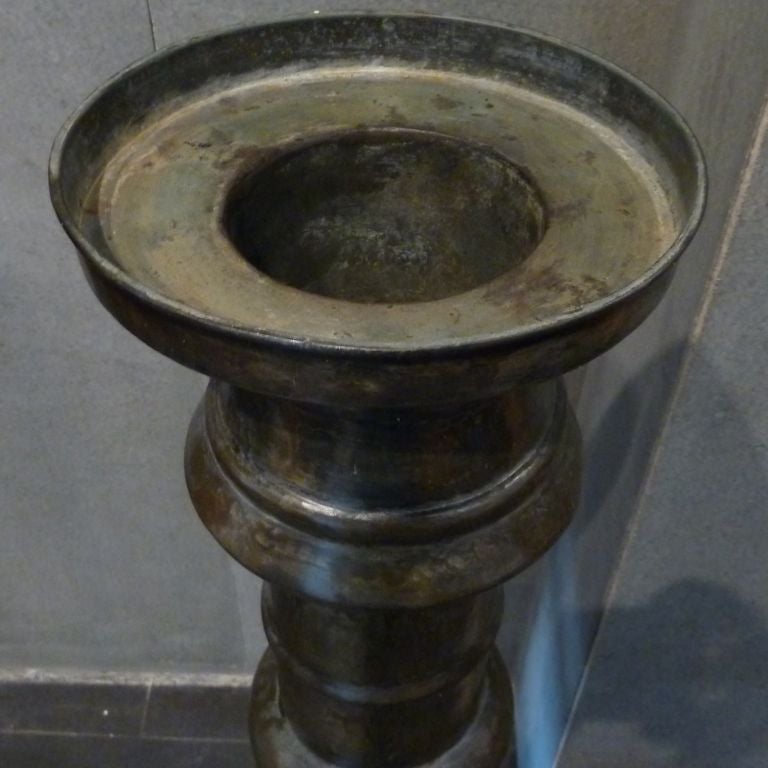 Large scale floor standing tin clad solid copper candle or oil burner holder from a Turkish Mosque.