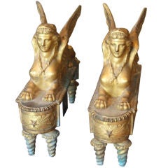Pair of Fabulous Bronze Dore' Sphinx Chenets