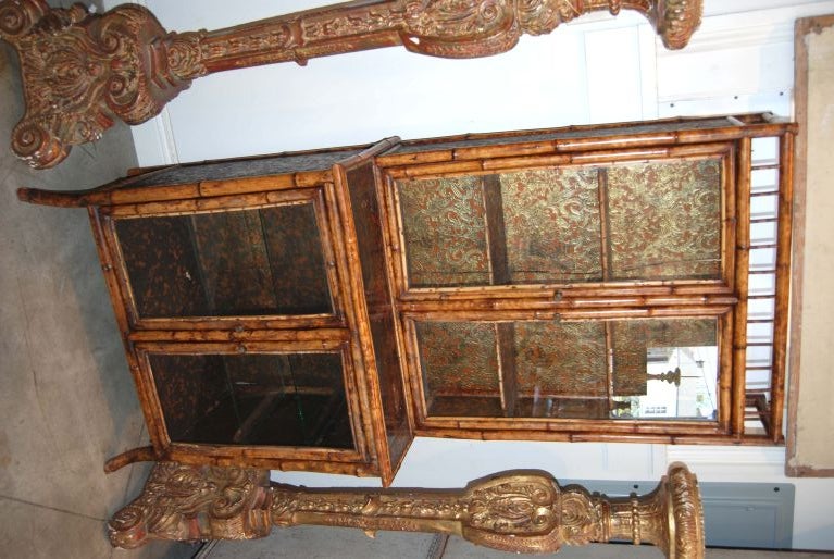 19th c. Bamboo Cabinet with Tooled Leather