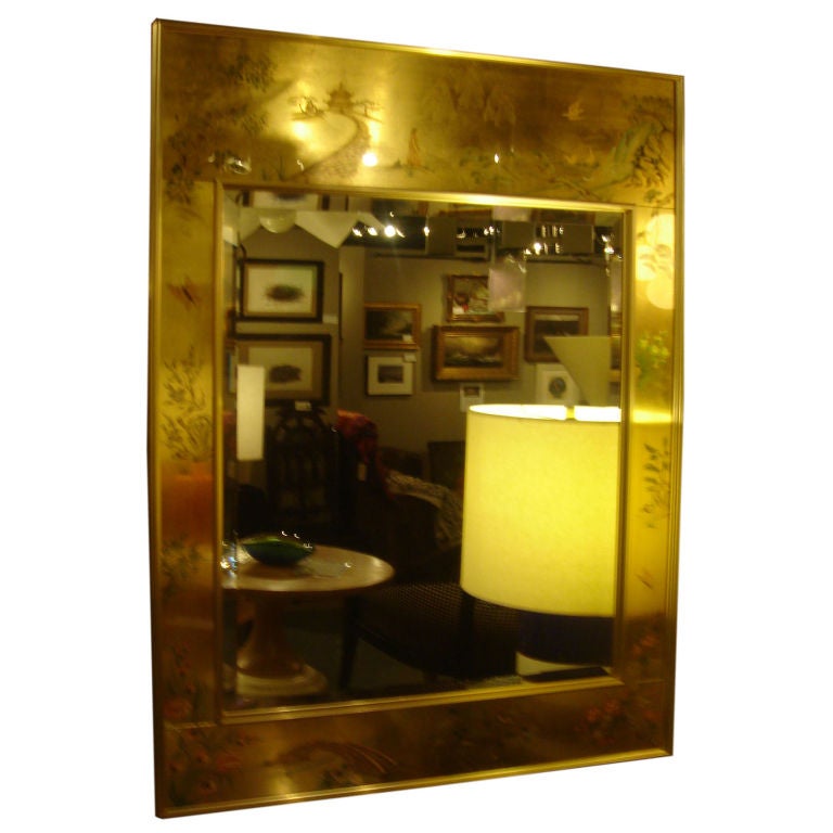 Asian-Motif Reverse Painted Gold Mirror by La Barge