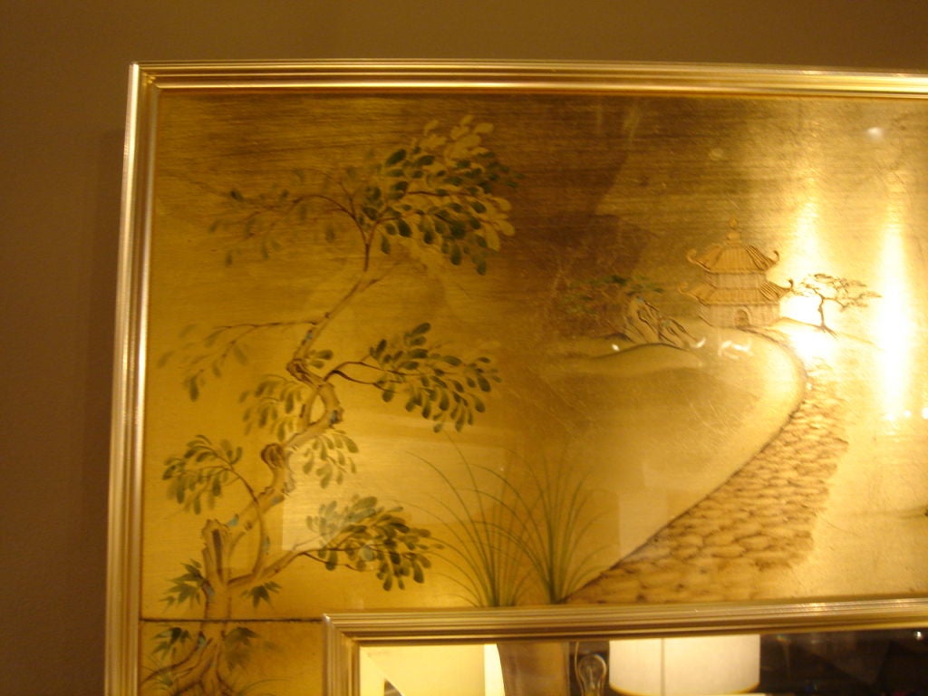 20th Century Asian-Motif Reverse Painted Gold Mirror by La Barge