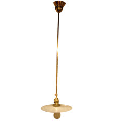 Brass Hanging Light Fixture with Antique Milk Glass Disk Shade 5