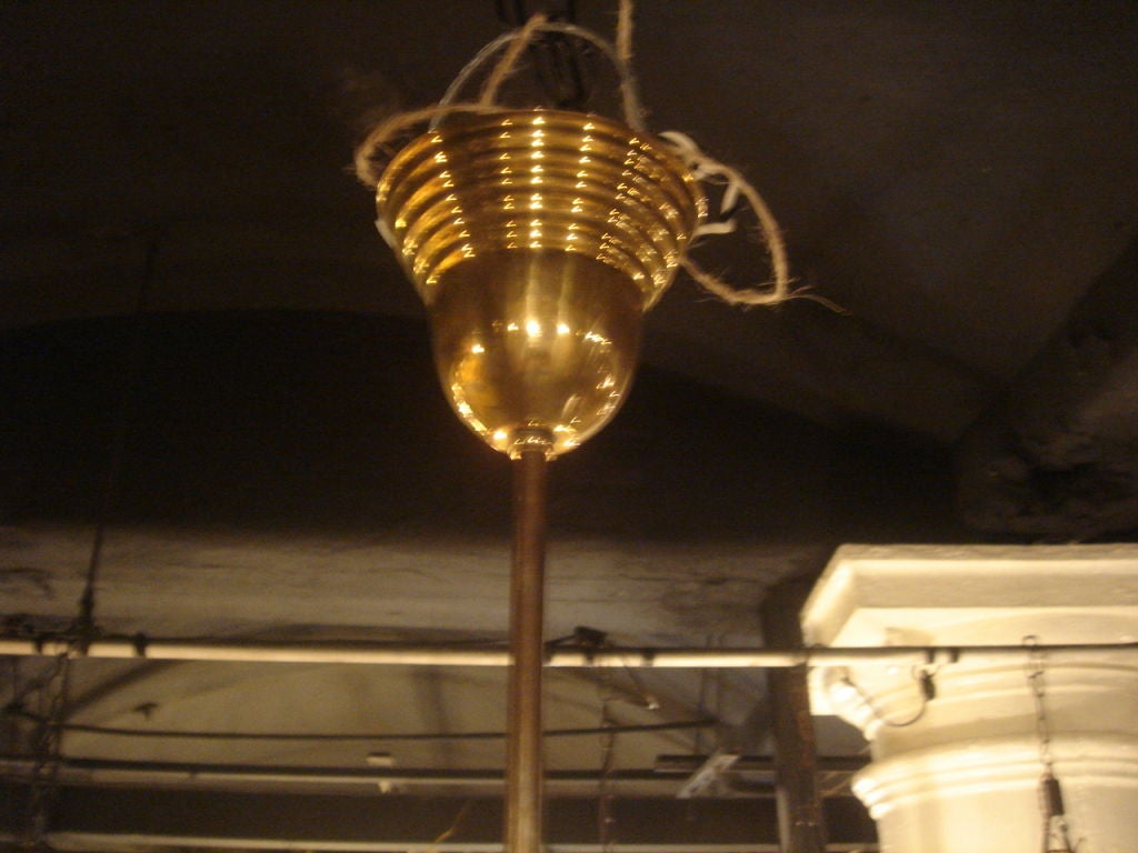20th Century Brass Hanging Light Fixture with Antique Milk Glass Disk Shade For Sale
