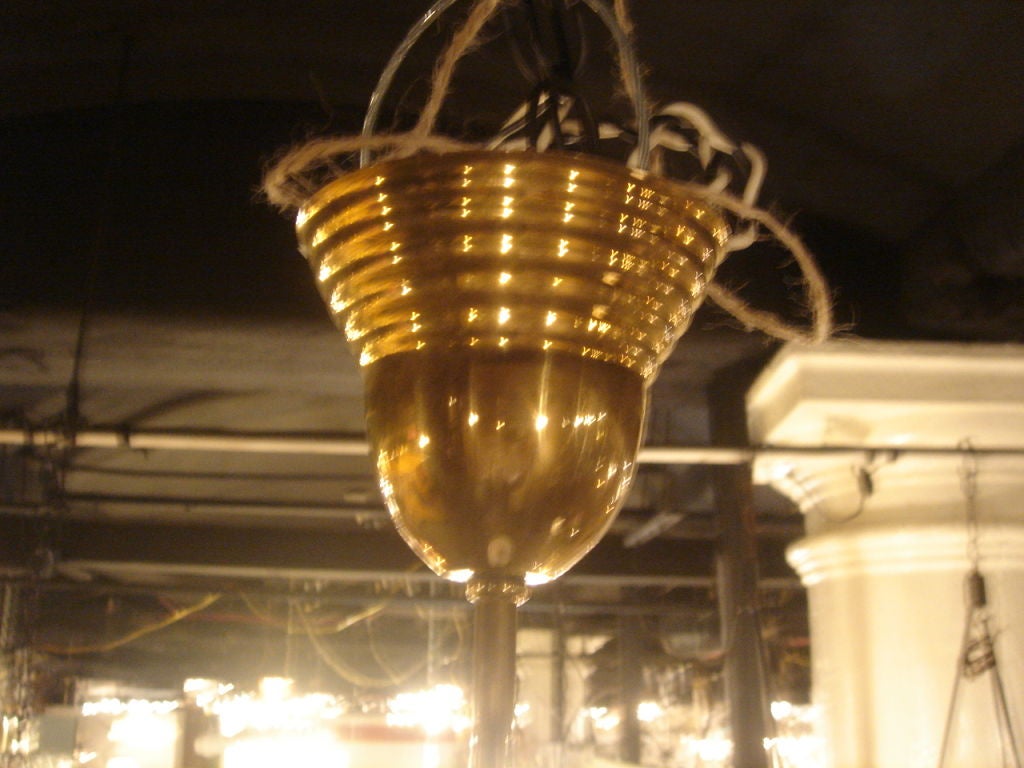 Metal Brass Hanging Light Fixture with Antique Milk Glass Disk Shade For Sale