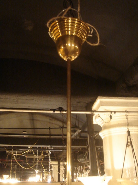 Brass Hanging Light Fixture with Antique Milk Glass Disk Shade In Excellent Condition For Sale In New York, NY