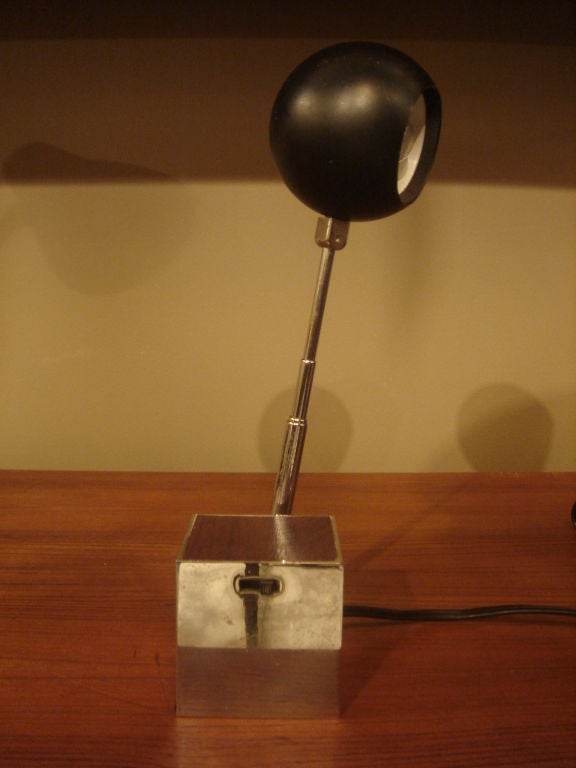 Vintage and all original Lytegem Lamp with spherical black metal shade and chrome base with walnut accent.  Designed by Michael Lax for Lightolier. USA, 1965.

Also available in other colors/finished (see our other listings for additional