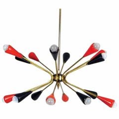 Italian Brass Chandelier with Red & Black Shades