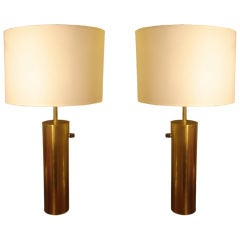 Pair of Cylindrical Brass Table Lamps by Nessen Studio