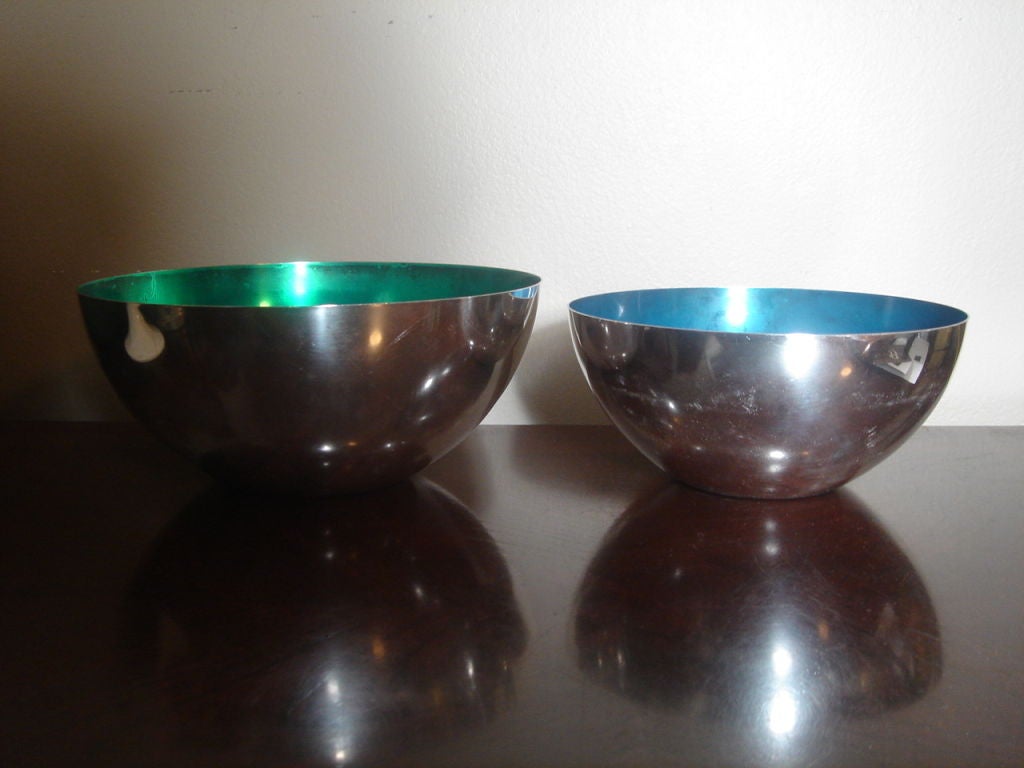 Danish Pair of Nickel Silver Bowls with Green & Blue Enamel Interiors