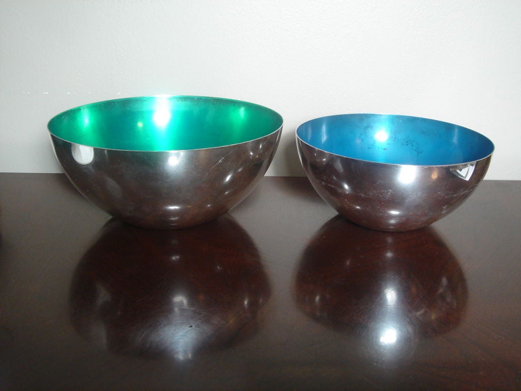 Stainless Steel Pair of Nickel Silver Bowls with Green & Blue Enamel Interiors
