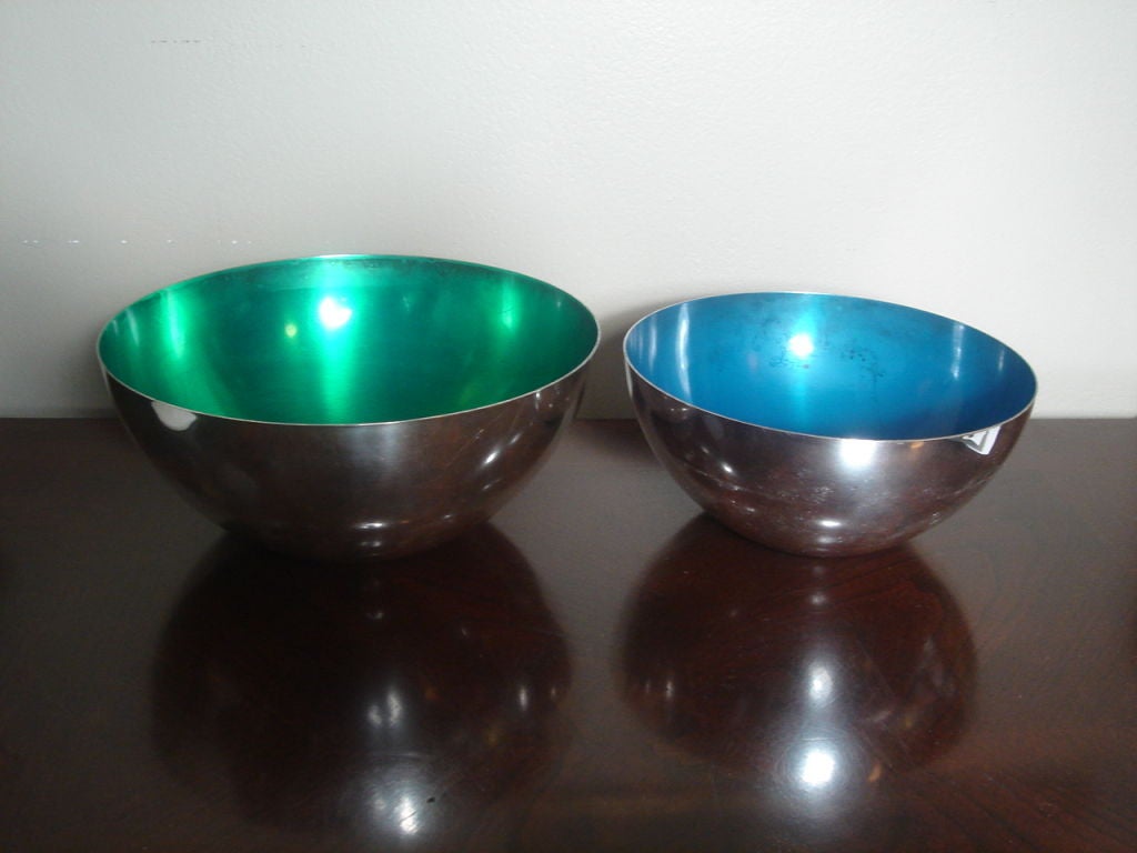 Pair of Nickel Silver Bowls with Green & Blue Enamel Interiors 1