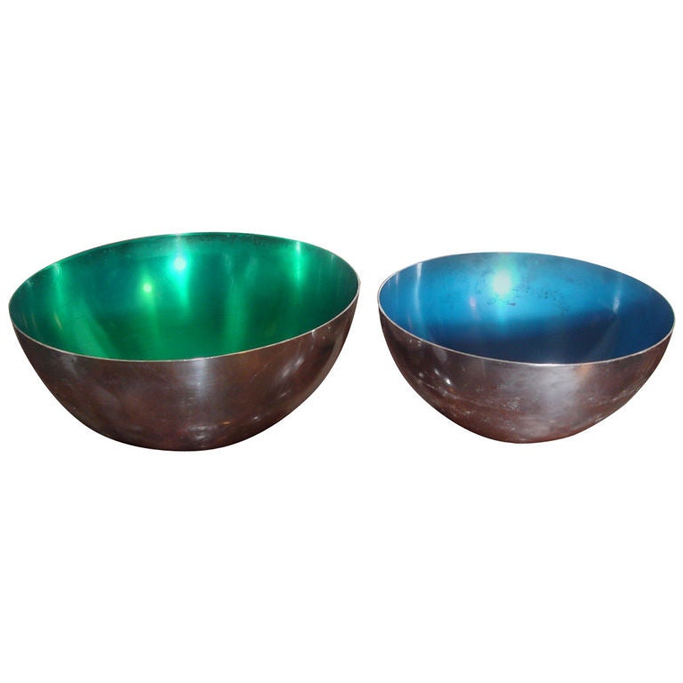 Pair of Nickel Silver Bowls with Green & Blue Enamel Interiors