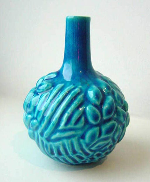 Bulbous form vase by Axel Salto for Royal Copenhagen. Foliate pattern body with glossy, bright turquoise glaze. Signed with incised marks, 