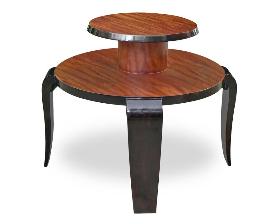 FRENCH ART DECO MAHOGANY & EBONIZED TABLE W/UPPER SHELF