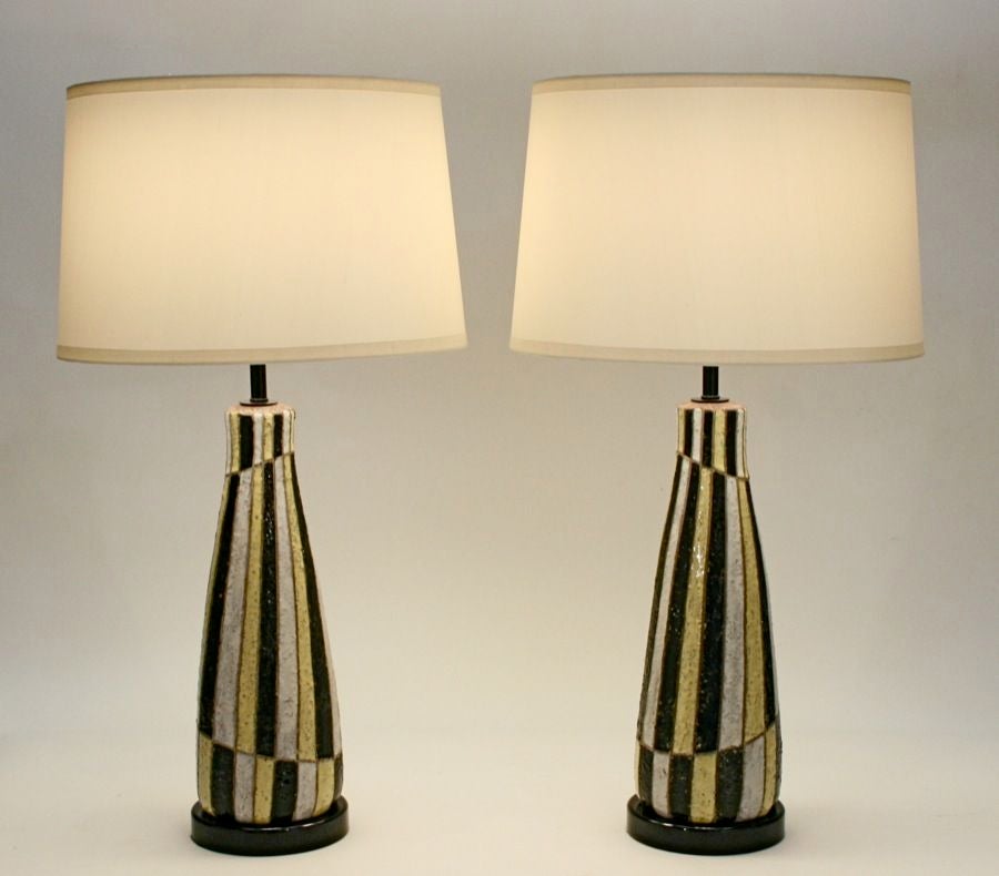 PAIR OF ITALIAN 1950's BLACK & YELLOW GLAZED STONEWARE LAMPS