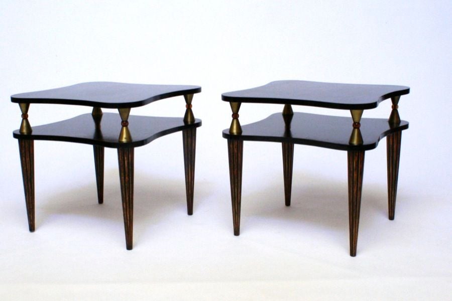 PAIR OF EBONIZED TWO TIER SIDE TABLES W/FLUTED LEGS