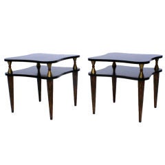 PAIR OF EBONIZED TWO TIER SIDE TABLES W/FLUTED LEGS