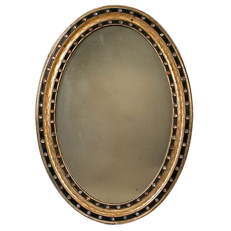 IRISH WHITE GOLD LEAFED OVAL MIRROR W/GLASS ACCENTS For Sale
