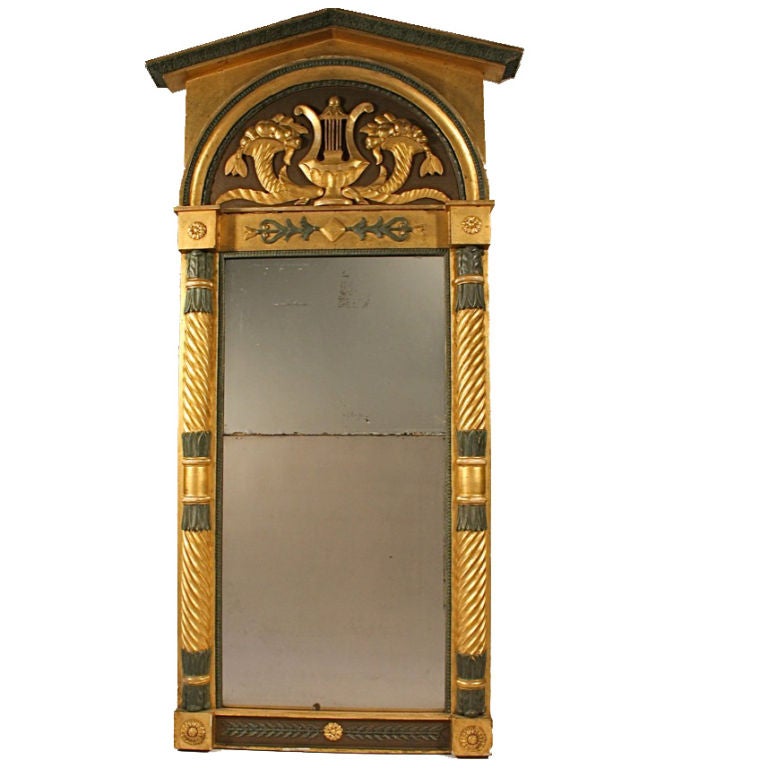 SWEDISH EMPIRE GILT-WOOD & GREEN PAINTED TALL MIRROR For Sale