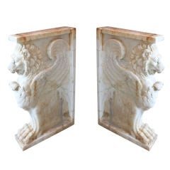 Pair of Italian Marble Winged Lions