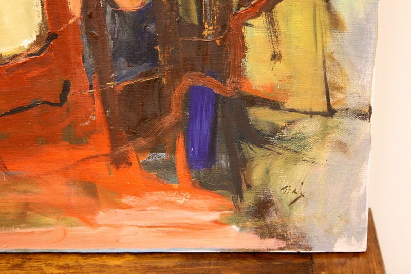 A large 1970's abstract landscape painting in oil by Martha Nix, a Georgia native and graduate of the Atlanta School of Art, well known in the art world in the 1960's. Through the use of muted autumnal hues and loose brushwork, this piece conveys a