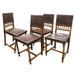 FOUR Antique Oak & Leather Chairs
