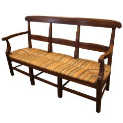 Antique French Walnut Bench with Decorative Rush