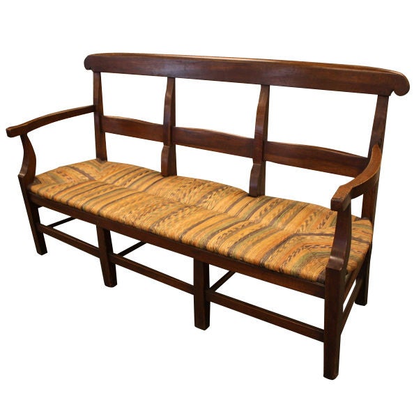 Antique French Walnut Bench with Decorative Rush