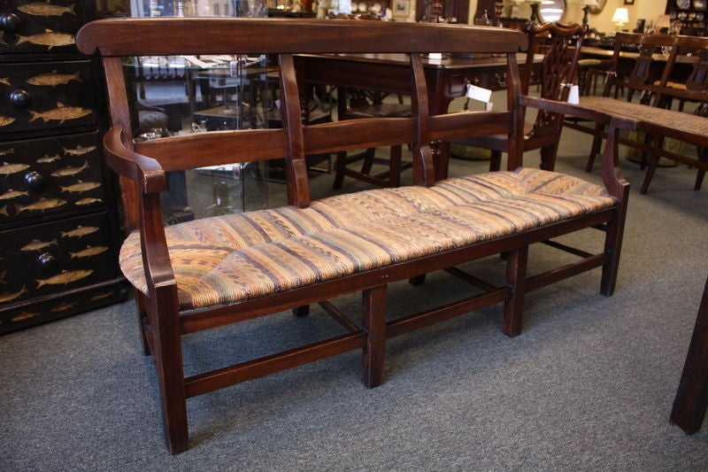 19th Century Antique French Walnut Bench with Decorative Rush