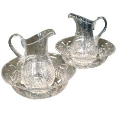 Antique PAIR of Clear Crystal 19th Century English Pitchers and Bowls
